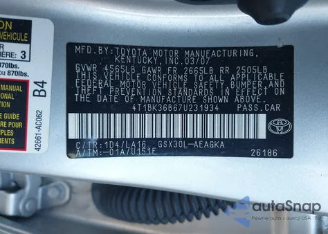 2007 Toyota Avalon Xls z USA, uszkodzony, nr VIN 4T1BK36B67U231934